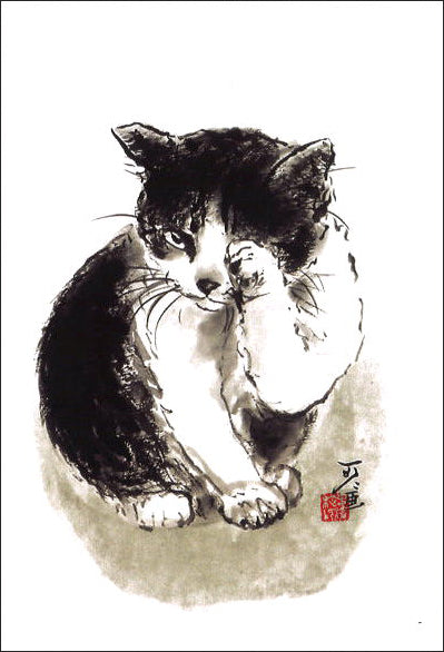 ポストカード 中浜稔「洗顔中」105×150mm 猫墨絵作家 アート 淡路市立中浜稔猫美術館
