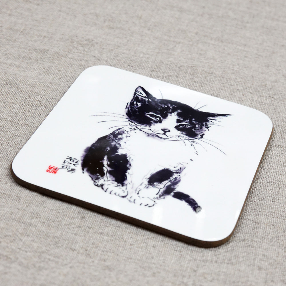 コースター 中浜稔「ちんまりお座り」90×90mm 猫墨絵作家 キッチン用品