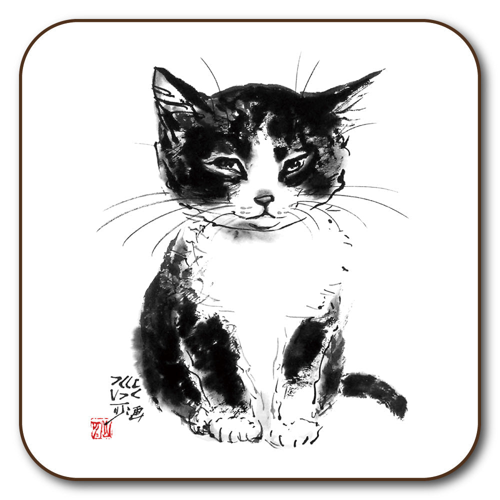 コースター 中浜稔「ちんまりお座り」90×90mm 猫墨絵作家 キッチン用品