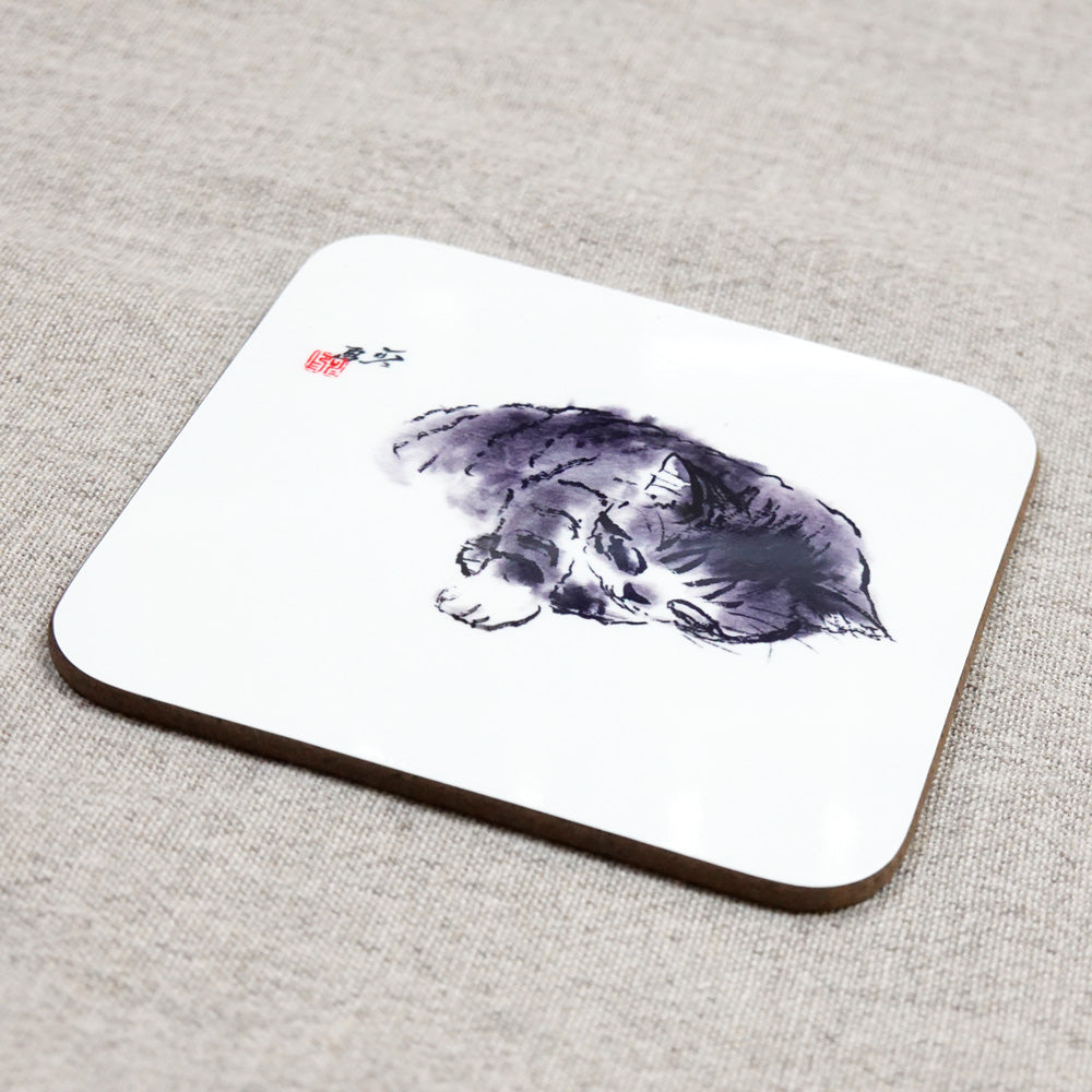 コースター 中浜稔「寝すがた右手」90×90mm 猫墨絵作家 キッチン用品