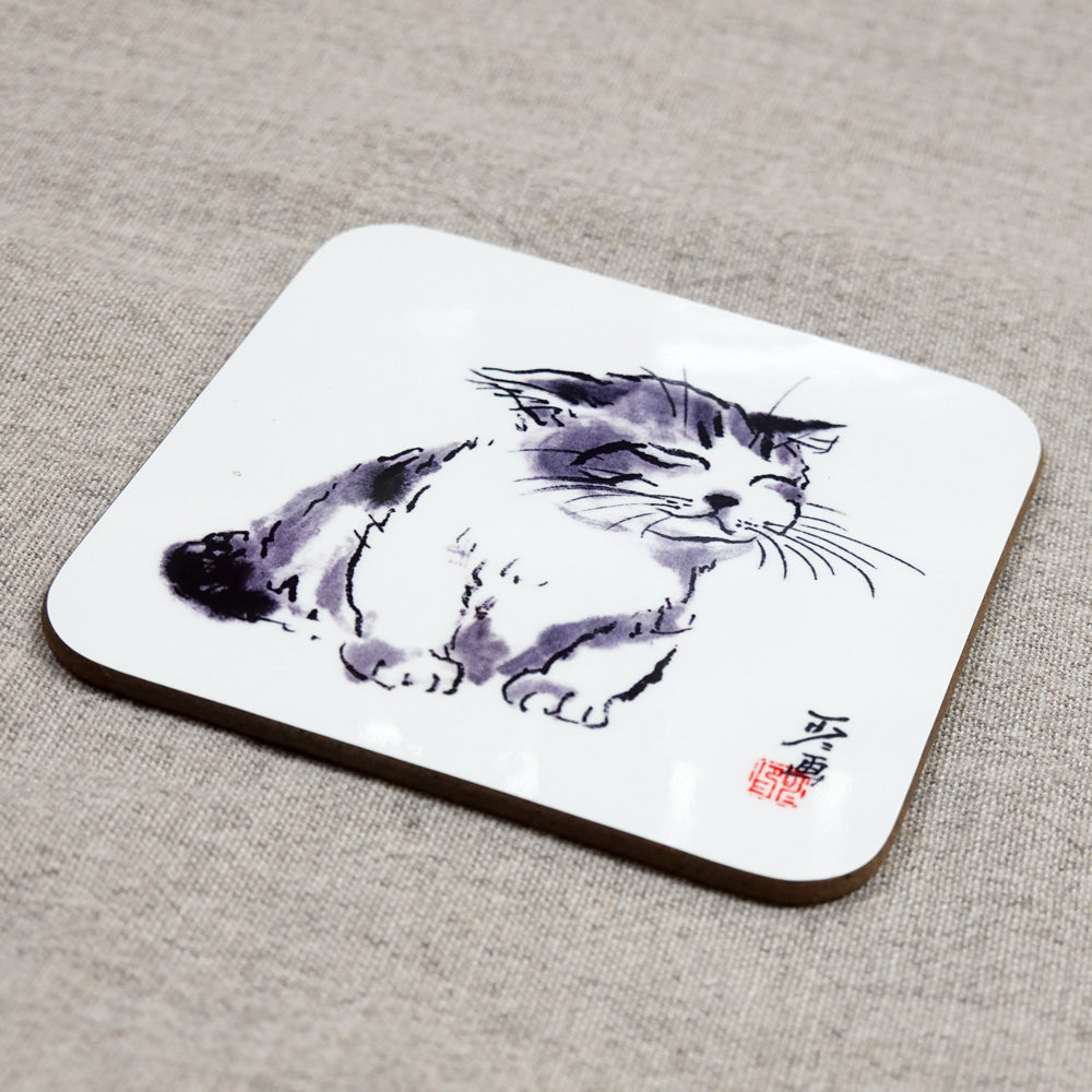 コースター 中浜稔「寝起き」90×90mm 猫墨絵作家 キッチン用品