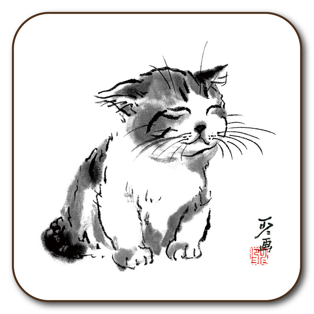 コースター 中浜稔「寝起き」90×90mm 猫墨絵作家 キッチン用品