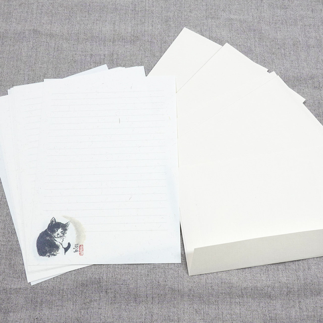 A5レターセット 中浜稔「見返り猫」猫墨絵作家 アイボリー 手紙 便箋 封筒 和風