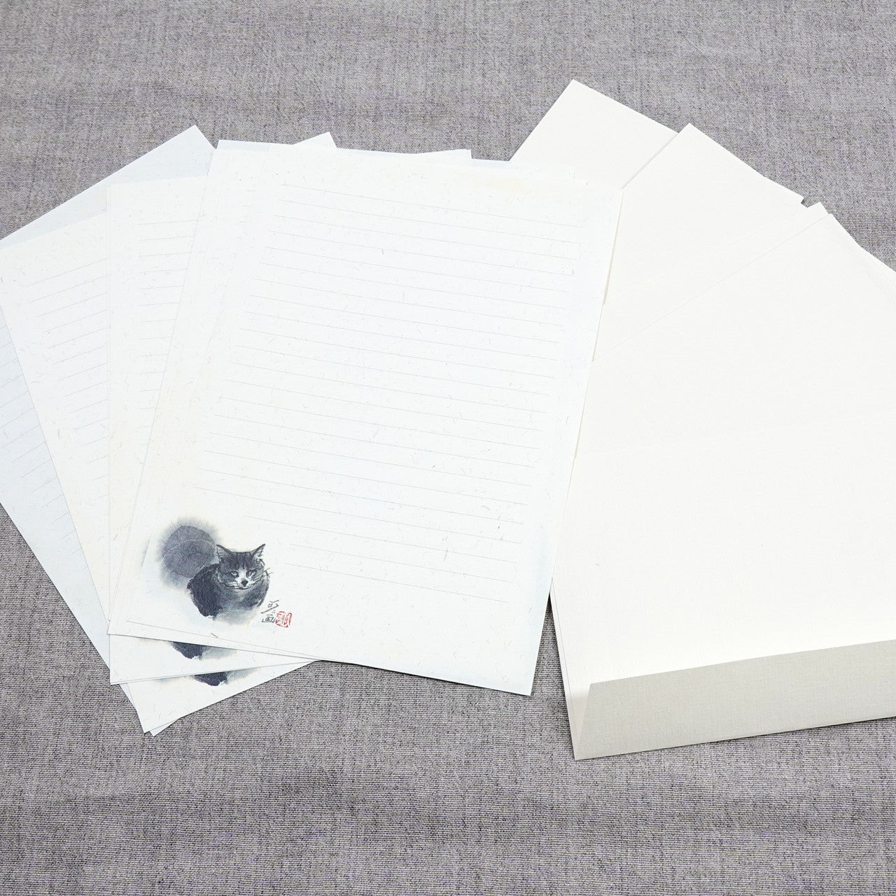 A5レターセット 中浜稔「上目遣い」猫墨絵作家 アイボリー 手紙 便箋 封筒 和風