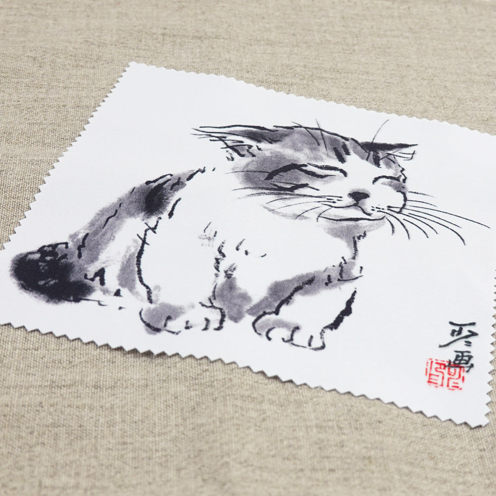 クリーニングクロス 中浜稔「寝起き」メガネ拭き レンズクリーナー 猫墨絵作家 眼鏡用品