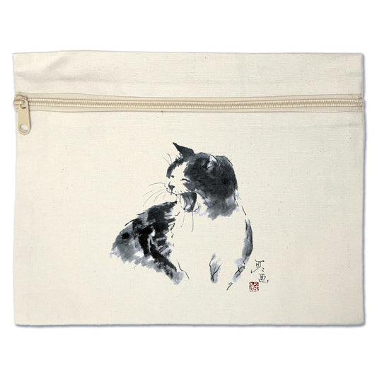 Large flat pouch Minoru Nakahama "Laughter" Cotton Cosmetic case Small item holder Cat ink painting artist