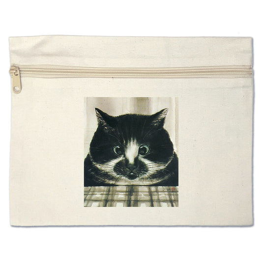 Large flat pouch "Sanma" by Minoru Nakahama, cotton cosmetic case, accessory case, cat ink painting artist
