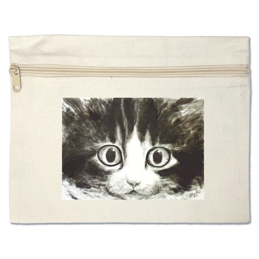 Large flat pouch Minoru Nakahama "Eyeball" cotton cosmetic case, accessory case, cat ink painting artist