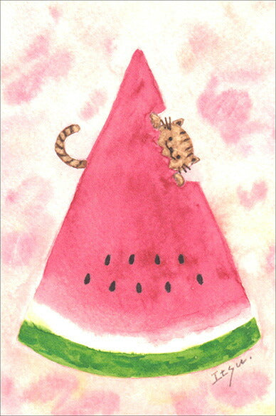Postcard marron125 "Cat eating watermelon" 100 x 150 mm Illustrator Watercolor Summer fruit Cute