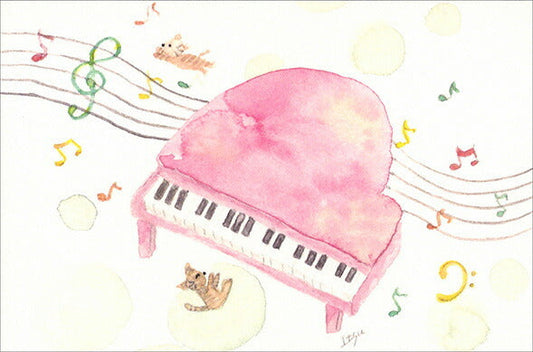 Postcard marron125 "Pink no Piano" 100 x 150 mm Illustrator Watercolor Musical Instrument Cat Cute