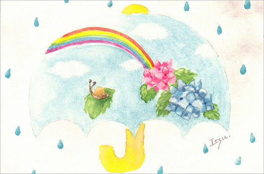 Postcard marron125 "Rain then Sunny" 100 x 150 mm Illustrator Watercolor Umbrella Rainbow Cute