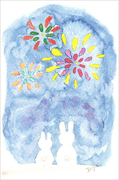 Postcard marron125 "Rabbits enjoying fireworks" 100 x 150 mm Illustrator Watercolor Rabbit Animal Night sky Cute