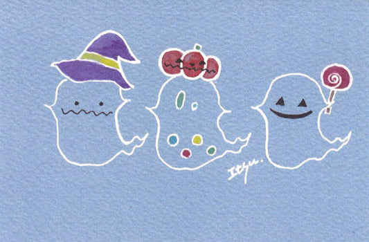 Postcard marron125 Halloween "Three Ghosts" 100 x 150 mm Ghost Costume Message Card Watercolor