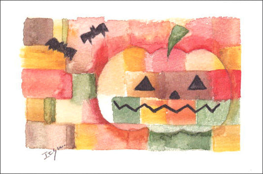 Postcard marron125 Halloween "Orange Pumpkin" 100 x 150 mm Jack-o'-Lantern Message Card Watercolor
