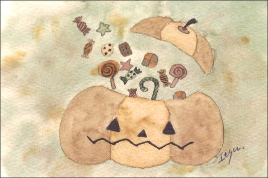 Postcard marron125 Halloween "Beige Halloween" 100 x 150 mm Jack-o'-Lantern Pumpkin Message Card Watercolor