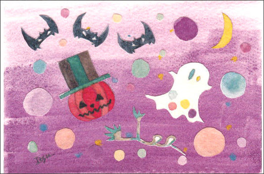 Postcard marron125 Halloween "Purple Halloween" 100 x 150 mm Jack-o'-Lantern Pumpkin Message Card Watercolor
