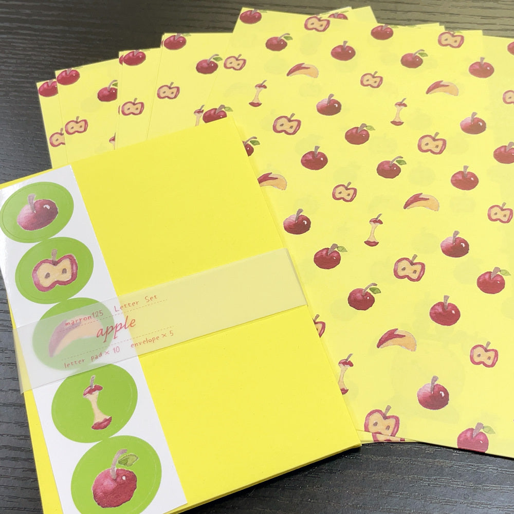 Letter set marron125 "APPLE" 10 sheets of letter paper, 5 envelopes, watercolor painting, stickers included