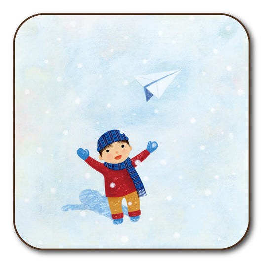 コースター 山田和明「ゆきふるひにぼくは_紙ひこうき」90×90mm イラスト 絵本作家 動物 楽器 キッチン用品