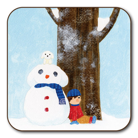 コースター 山田和明「ゆきふるひにぼくは_雪だるま」90×90mm イラスト 絵本作家 動物 楽器 キッチン用品