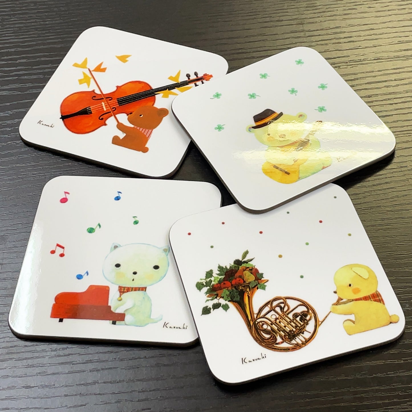 Coasters set of 4 1 Kazuaki Yamada 90 x 90 mm Picture book author Animal Musical instrument pattern Kitchen supplies