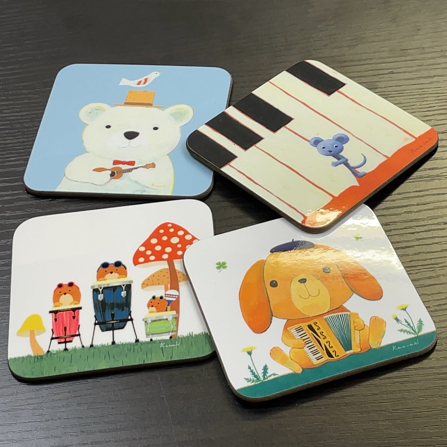 Coaster set of 4 2 Kazuaki Yamada 90 x 90 mm Picture book author Animal Musical instrument pattern Kitchen supplies