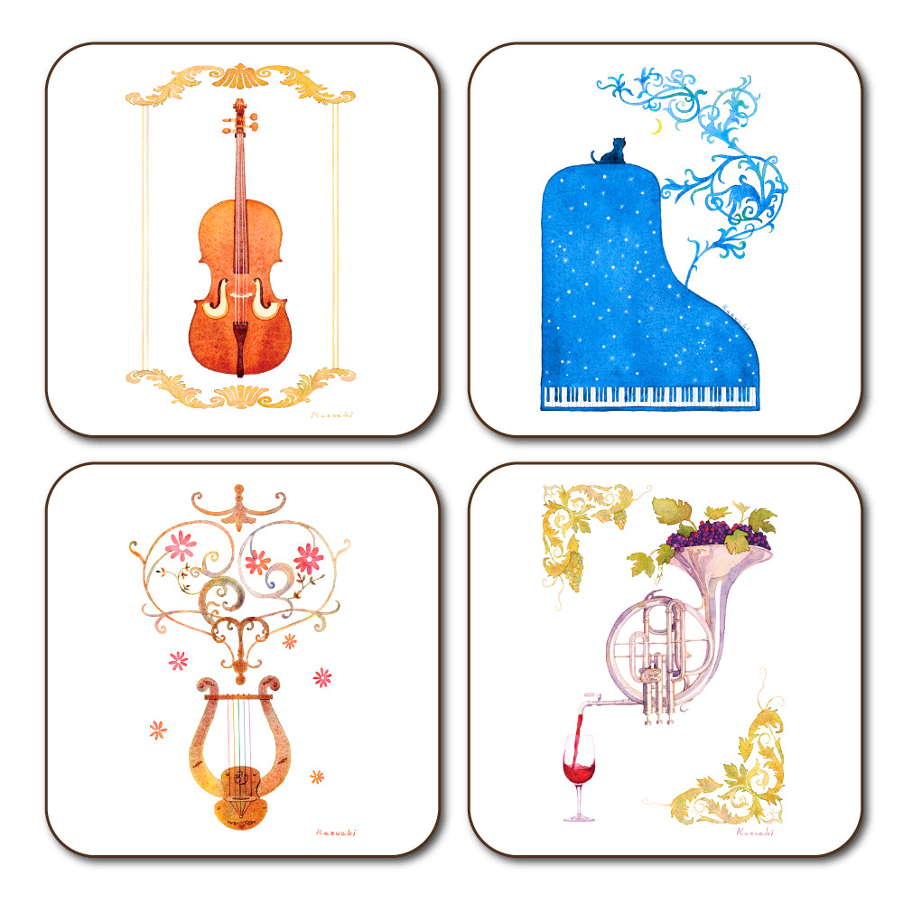 Coaster set of 4 3 Kazuaki Yamada 90 x 90 mm Picture book author Musical instrument pattern Kitchen supplies