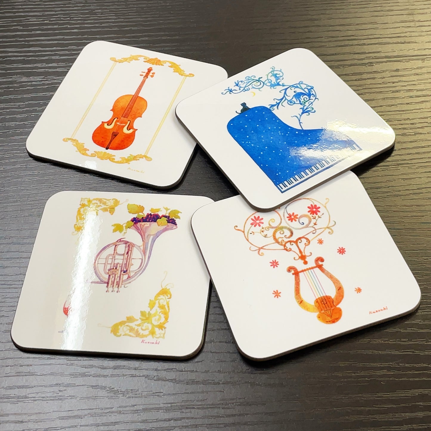 Coaster set of 4 3 Kazuaki Yamada 90 x 90 mm Picture book author Musical instrument pattern Kitchen supplies