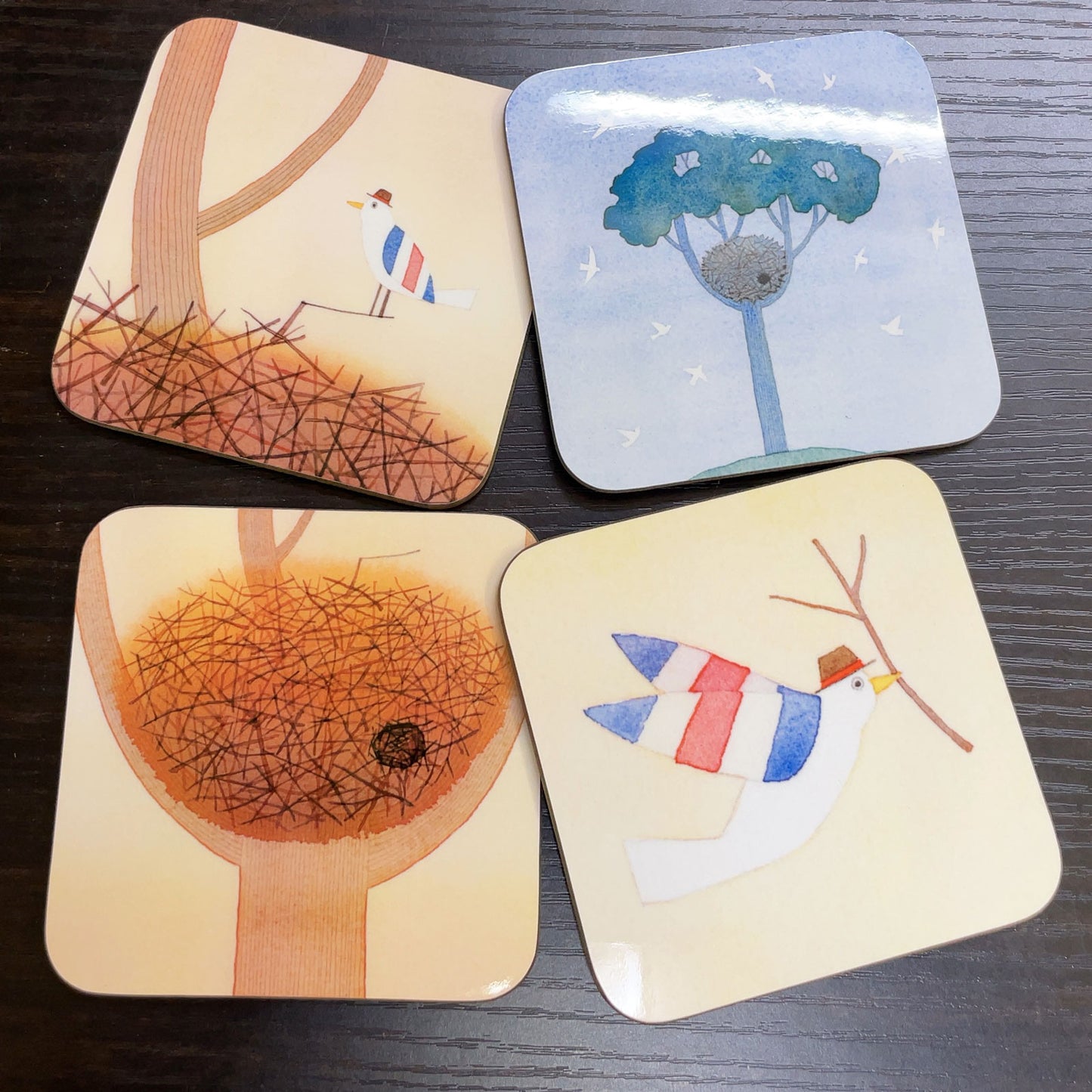 Coaster set of 4, Kazuaki Yamada, Monopo's Nest, 90 x 90 mm, Picture book author, Bird, Musical instrument pattern, Kitchen supplies