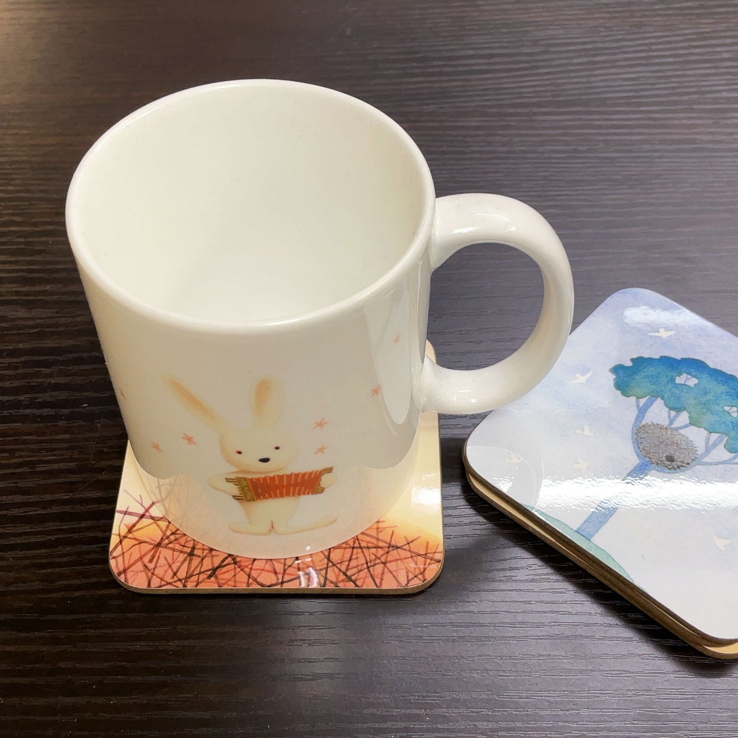 Coaster set of 4, Kazuaki Yamada, Monopo's Nest, 90 x 90 mm, Picture book author, Bird, Musical instrument pattern, Kitchen supplies