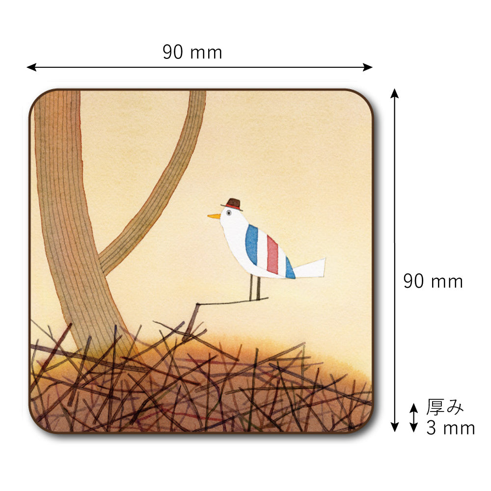 Coaster set of 4, Kazuaki Yamada, Monopo's Nest, 90 x 90 mm, Picture book author, Bird, Musical instrument pattern, Kitchen supplies