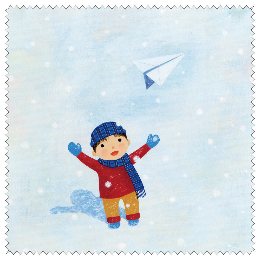 クリーニングクロス 山田和明「ゆきふるひにぼくは_紙ひこうき」150×150mm メガネ拭き レンズクリーナー」絵本作家 水彩画