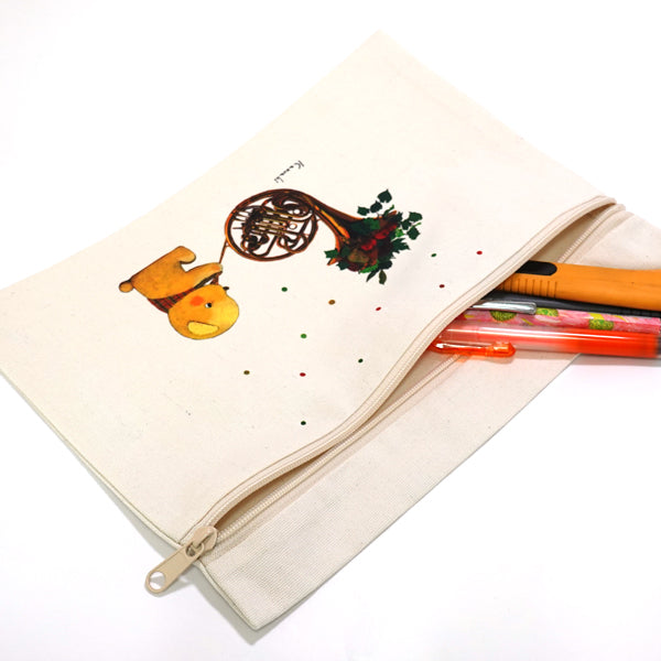 Flat pouch by Kazuaki Yamada "Bear Horn" canvas, picture book author, illustration, gift, animal, musical instrument