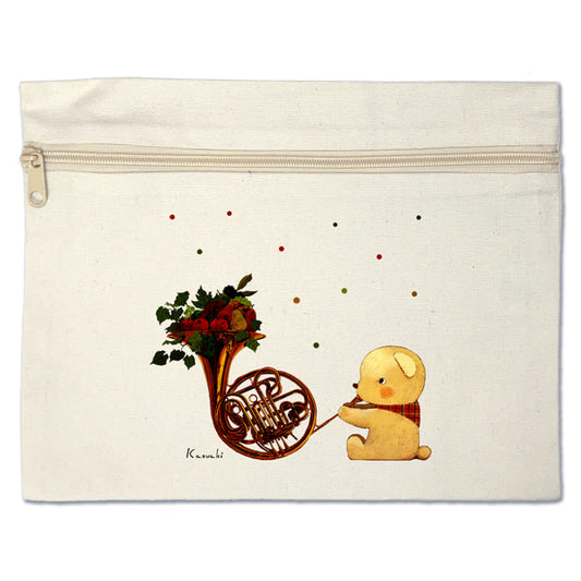 Flat pouch by Kazuaki Yamada "Bear Horn" canvas, picture book author, illustration, gift, animal, musical instrument
