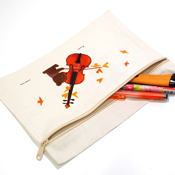 Flat pouch by Kazuaki Yamada "Bear Violin" canvas, picture book author, illustration, gift, animal, musical instrument
