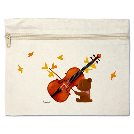 Flat pouch by Kazuaki Yamada "Bear Violin" canvas, picture book author, illustration, gift, animal, musical instrument
