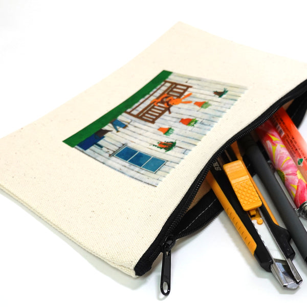 Flat pouch by Kazuaki Yamada "Sunny Garden" on canvas, picture book author, illustration, gift, animal, musical instrument