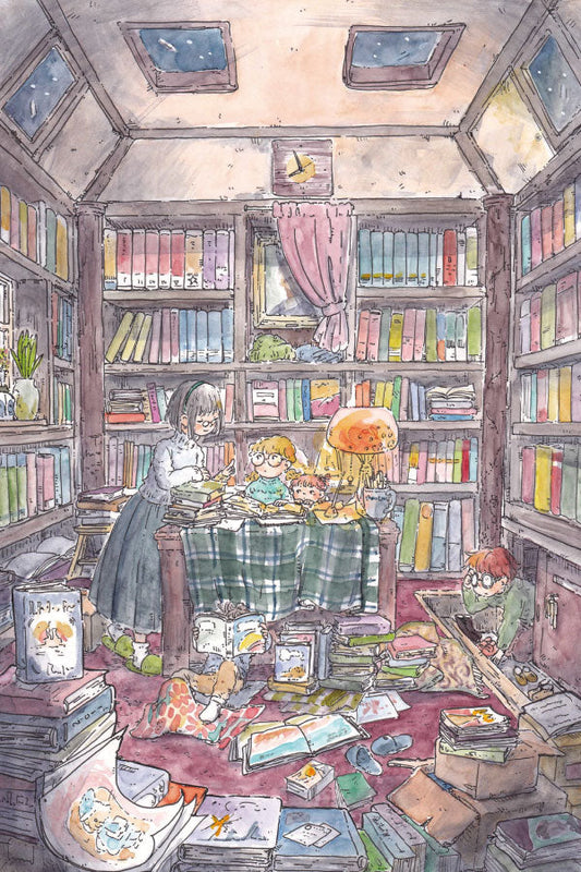 Postcard Mina Kawai "Grandpa's Reading Room" 100 x 150 mm Illustrator Postcard