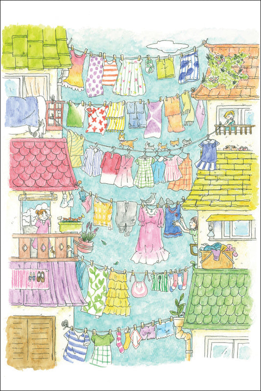 Postcard Mina Kawai "Houses Connected by Laundry" 100 x 150 mm Postcard Illustrator