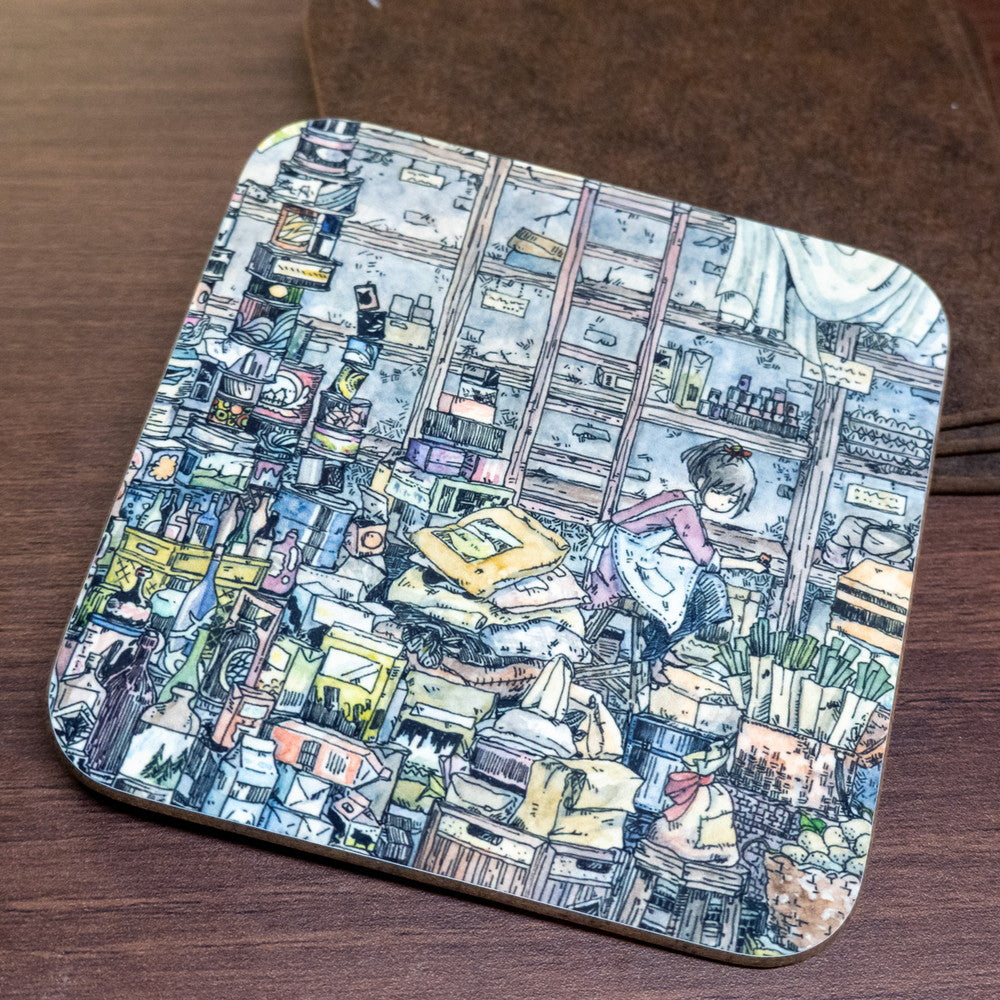 コースター かわいみな「倉庫の片づけ」90×90mm 正方形 キッチン用品