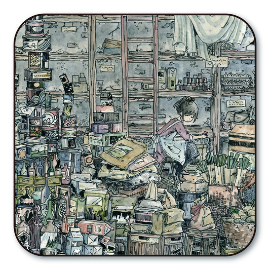 Coaster, Mina Kawai, "Cleaning up the warehouse", 90 x 90 mm, square, kitchen supplies