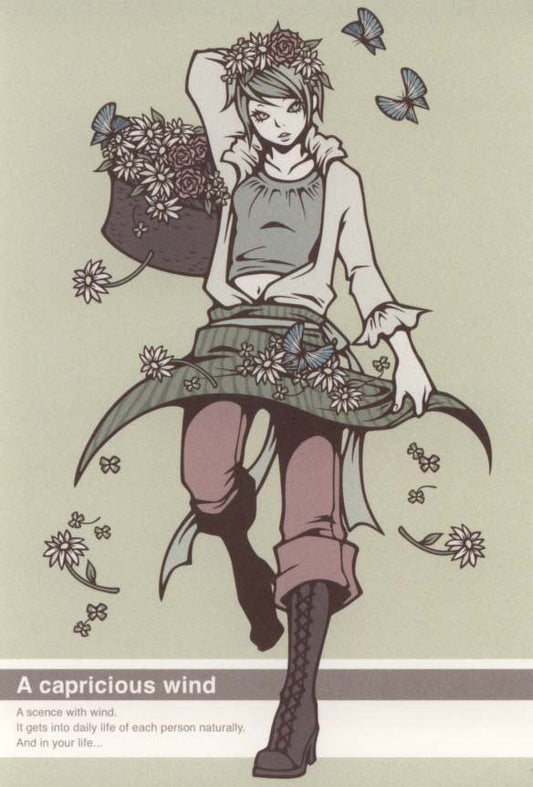 Postcard Wakamatsu Kaori "A capricious wind Woman holding a flower basket" 100 x 148 mm Illustrator Postcard