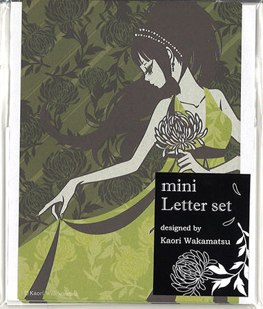 Mini letter set Wakamatsu Kaori "Woman and Chrysanthemum Black" Author Letter Stationery Envelope Girl Flower Plant