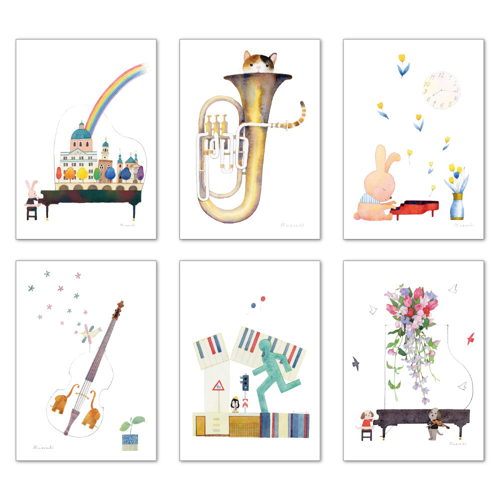 ポストカード6枚セット8 山田和明 105×150mm 絵本作家 動物 楽器柄 イラストレーター 郵便はがき