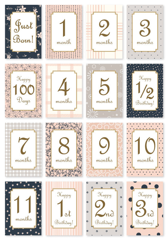 ベビーマンスリーカード「PINK PATTERNS」月齢カード 赤ちゃん ベビーカード メッセージカード 誕生日カード 出産祝い オリジナル