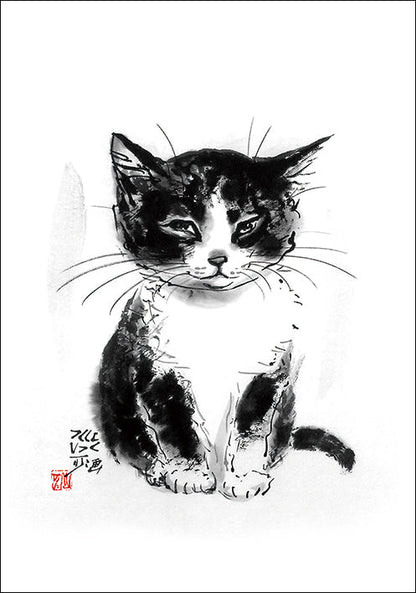 ポストカード 中浜稔「ちんまりお座り」105×150mm 猫墨絵作家 アート 淡路市立中浜稔猫美術館