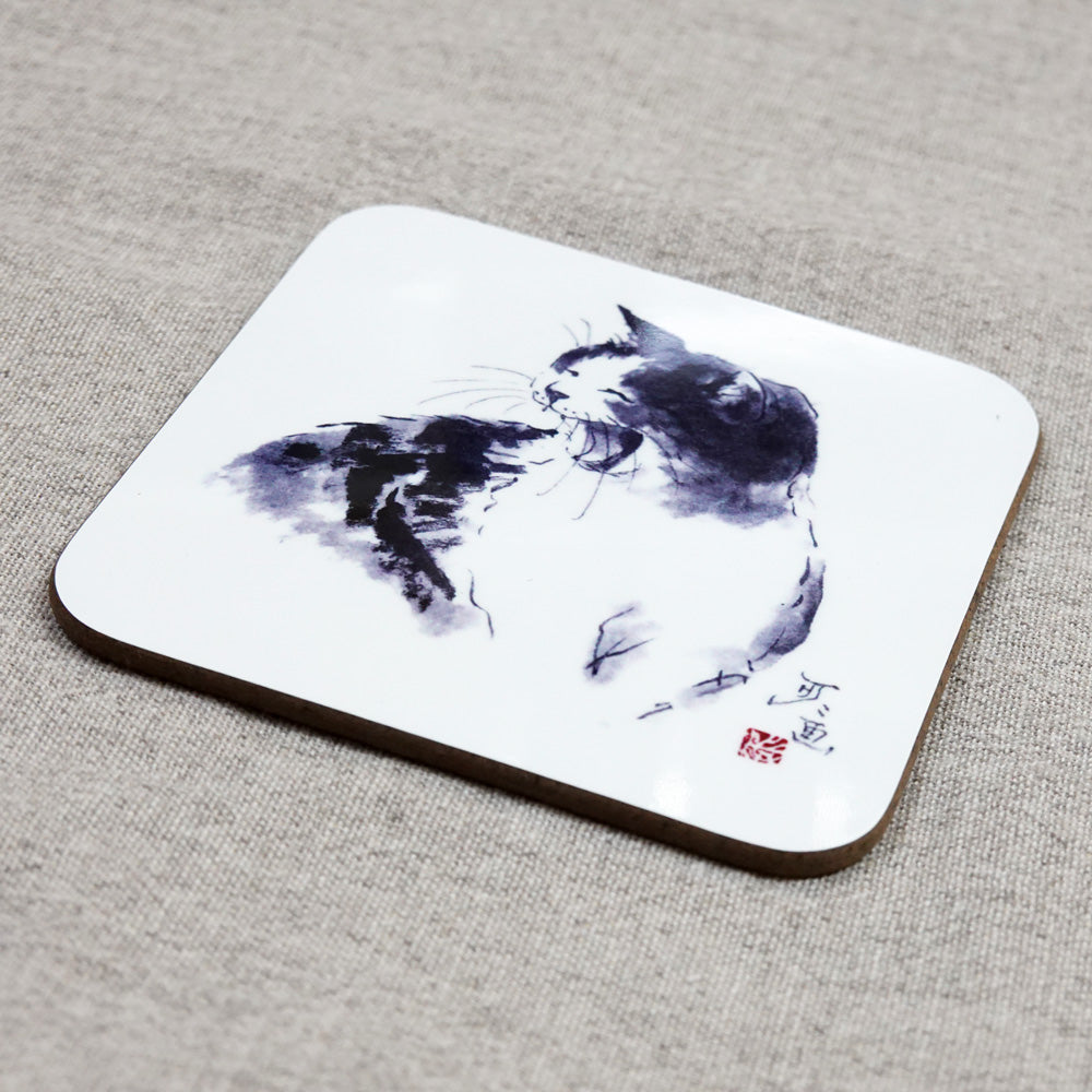 コースター 中浜稔「笑い」90×90mm 猫墨絵作家 キッチン用品