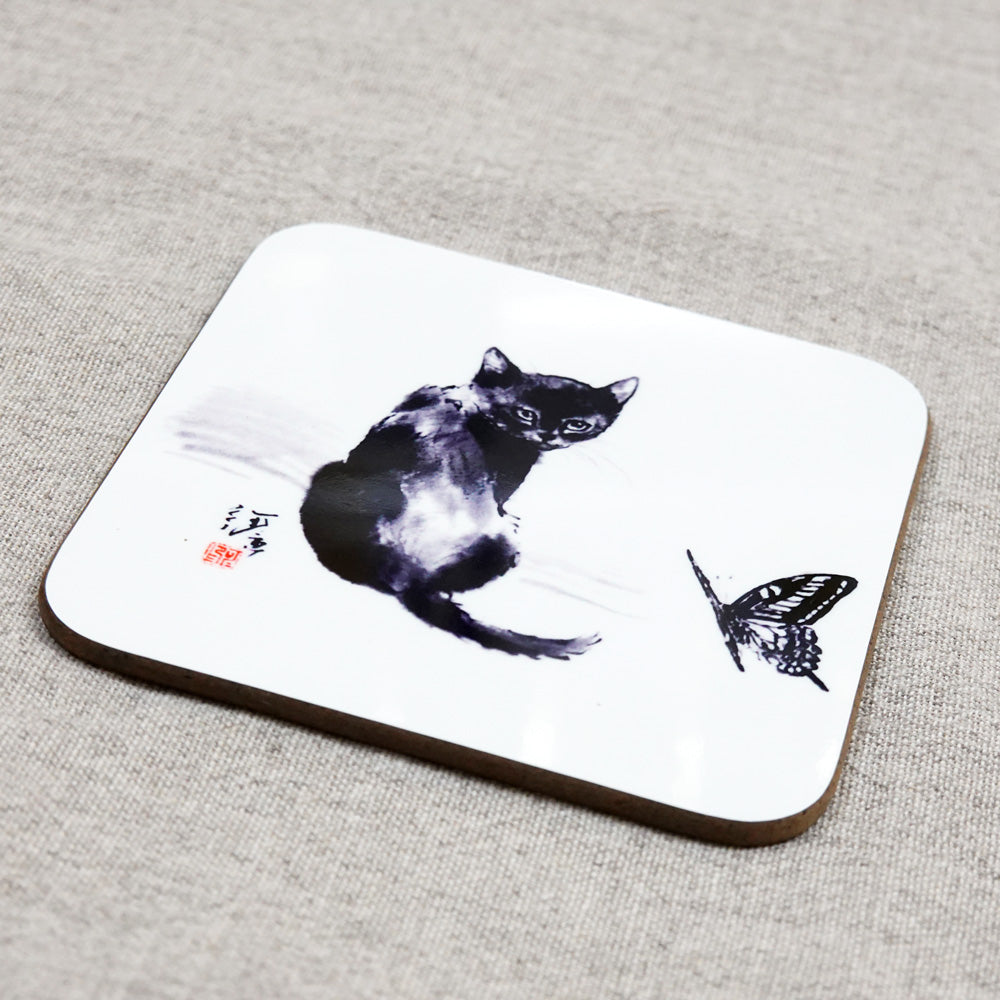 コースター 中浜稔「蝶々」90×90mm 猫墨絵作家 キッチン用品