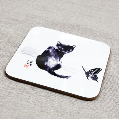 コースター 中浜稔「蝶々」90×90mm 猫墨絵作家 キッチン用品