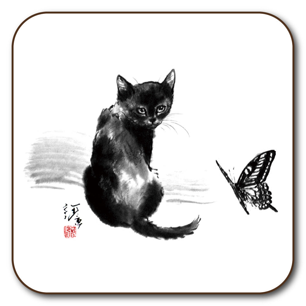 コースター 中浜稔「蝶々」90×90mm 猫墨絵作家 キッチン用品