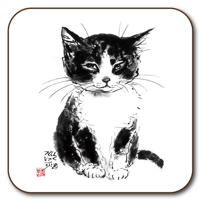 コースター 中浜稔「ちんまりお座り」90×90mm 猫墨絵作家 キッチン用品